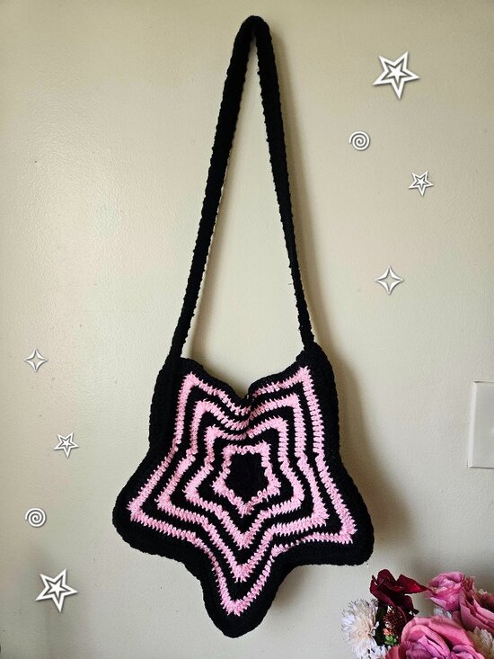 handcrafted by kry' Handbags - Crochet Pink and Black Star Bag